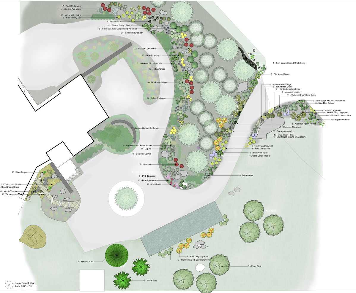 Front yard landscape design plan showing driveway meadow design and parking area.