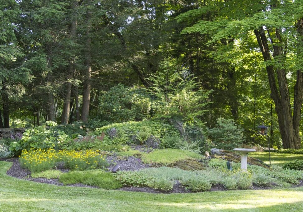 A rock garden nestled on a woodland edge, designed and installed by GJLD.