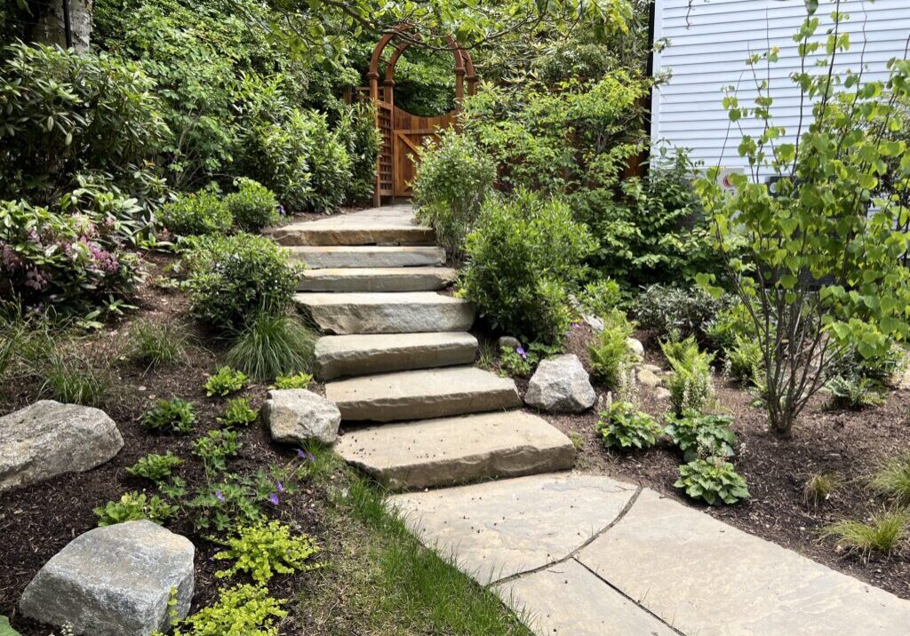 Natural stone staircase and native plantings mark the entrance to the backyard.